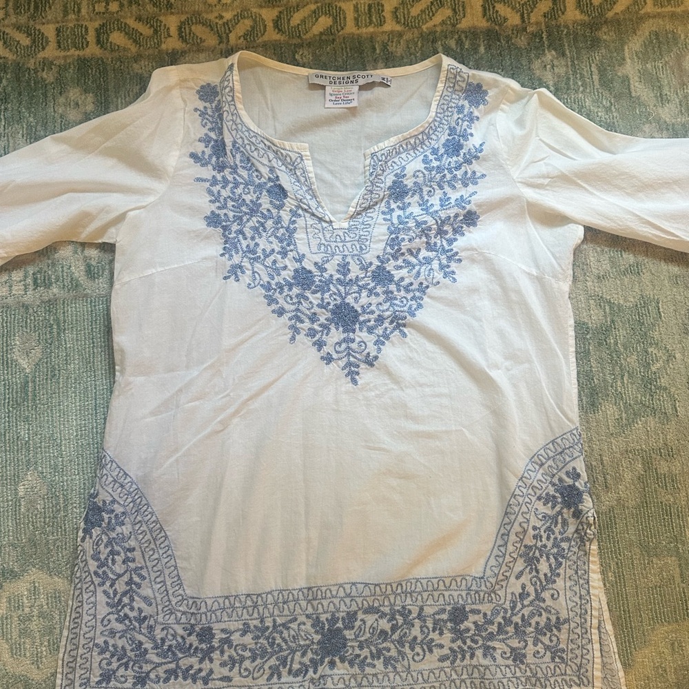 Gretchen Scott Designs White Tunic with Blue Embroidery
